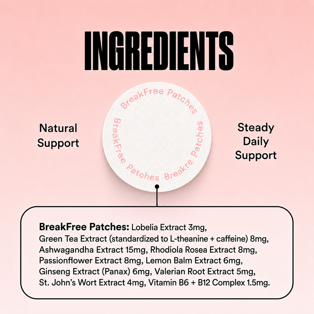 BreakFree Patches ingredients: Lobelia, Green Tea, Ashwagandha, Rhodiola, Passionflower