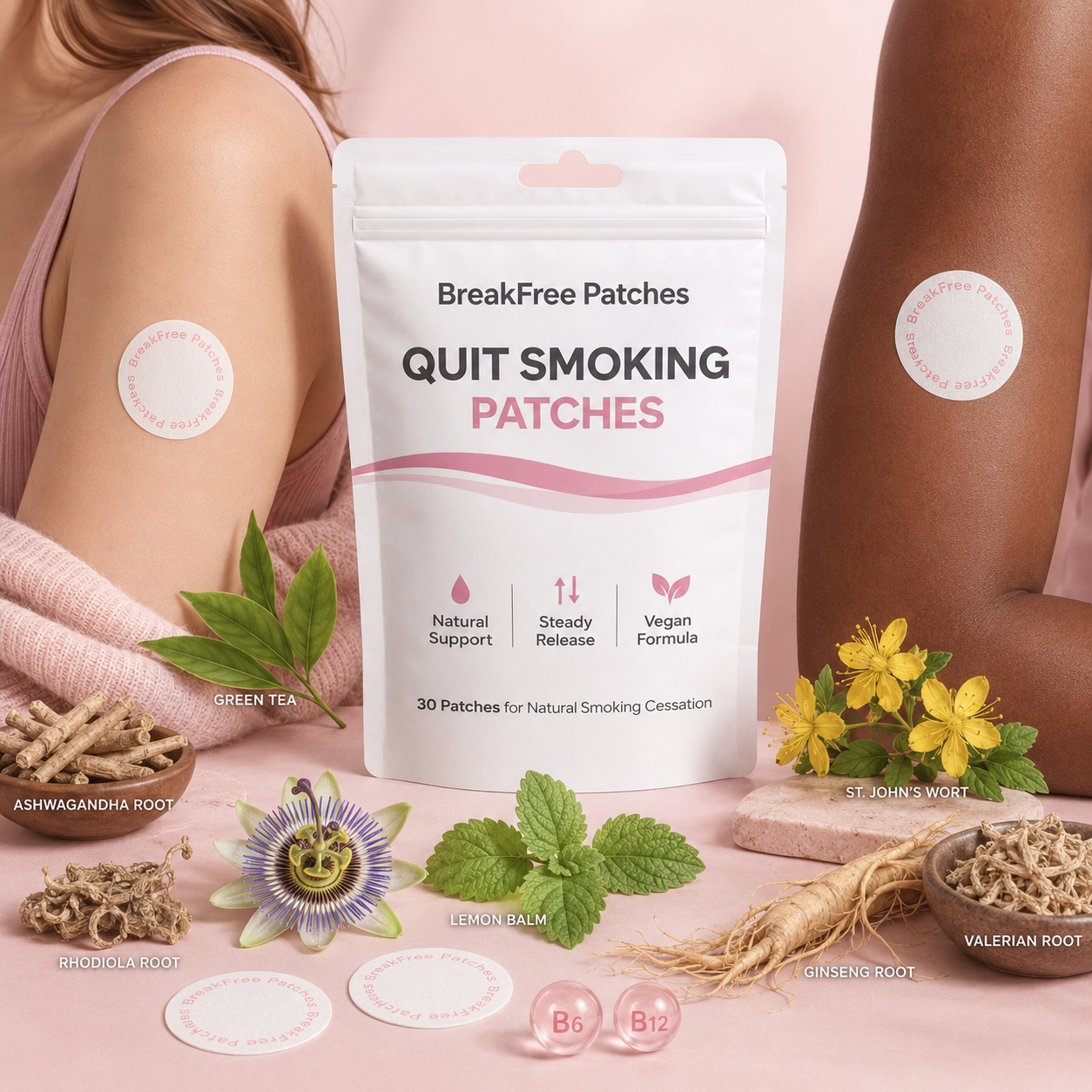 BreakFree Patches lifestyle with botanical ingredients ashwagandha rhodiola passionflower